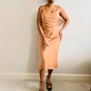 Asos tan satin midi dress with tie